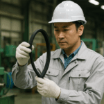 Japanese engineer inspecting e-POWER V-belt in factory